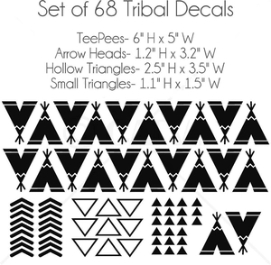 Detailed dimensions of 68-piece tribal wall sticker set with tents, arrows, and triangles