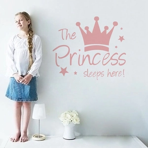 Pink princess crown wall sticker with stars and The Princess sleeps here text for girl room