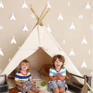Nordic style white indoor teepee tent for kids room decor with natural wooden poles