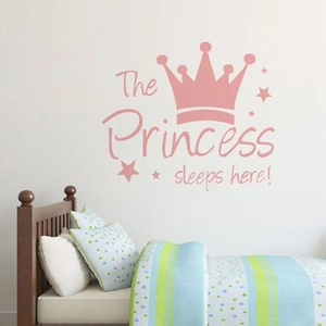 Pink princess crown wall decal with stars and text for girl bedroom decoration