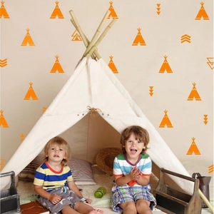 Nordic white canvas teepee tent for kids play room with natural wooden poles
