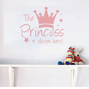 Pink Princess Crown wall sticker with 'The Princess sleeps here' text and stars for nursery