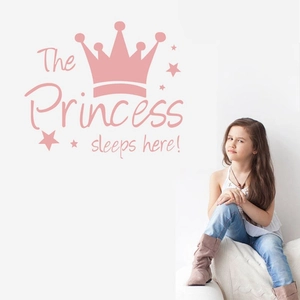 Pink princess crown wall sticker with stars and The Princess sleeps here text for bedroom