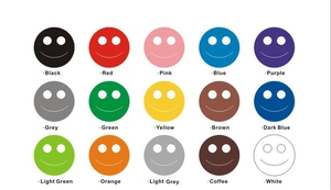 Color chart showing 15 colorful round princess crown wall decals with smiley faces