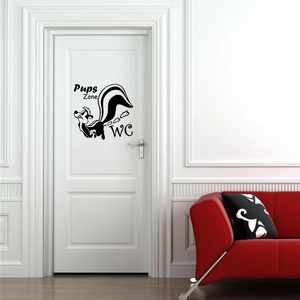 Skunk Pups Zone WC toilet sticker decorative vinyl decal on white door with red sofa background