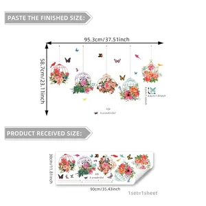 Floral birdcage wall decal with butterfly accents showing size guide and layout