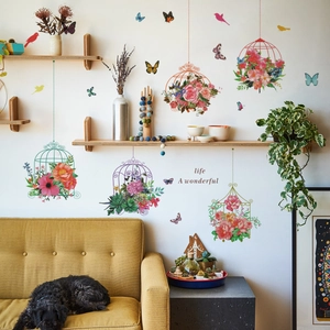 Floral Birdcage Wall Sticker PVC Self-Adhesive Removable Butterfly Bird Decal For Home Decor Living Room Bedroom