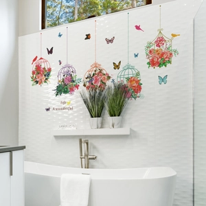 Pastoral birdcage and floral wall stickers for home decoration in a modern bathroom
