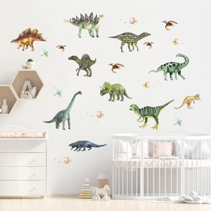 Watercolor dinosaur wall stickers featuring T-Rex and Triceratops for kids room decor
