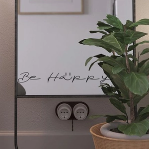 Minimalist 'Be Happy' mirror wall decal with black script lettering for home decor