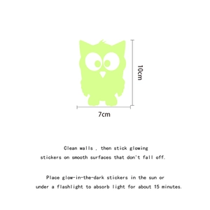 Luminous cartoon owl wall sticker measuring 10x7cm with glowing PVC material detail