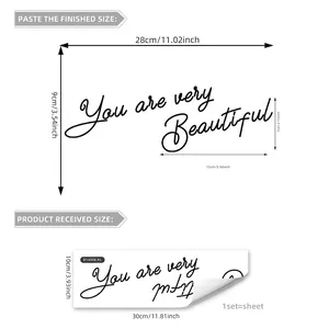 Size chart showing 28x9cm dimensions for You are very Beautiful mirror decal