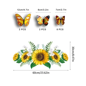 Detailed dimensions of 3D sunflower and butterfly wall decals in various sizes