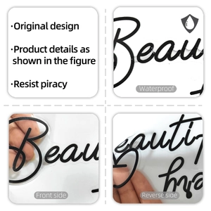 Macro view of black cursive typography on transparent waterproof decorative stickers