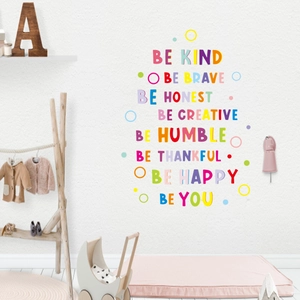 Farbenfrohe Be Kind Be Brave Wandaufkleber für Kinderzimmer mit Motivationssprüchen