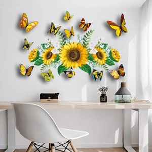 3D sunflower wall stickers with colorful butterflies for living room and bedroom home decor