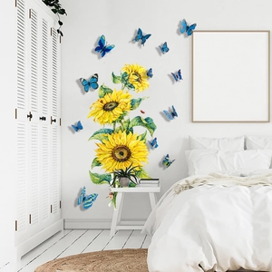 Detailed 3D sunflower wall stickers with realistic blue butterflies on a white bedroom wall