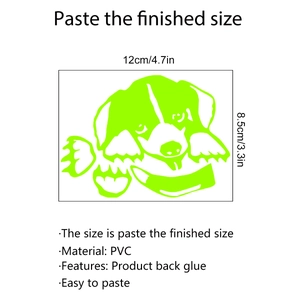 Luminous green dog-shaped PVC sticker with detailed dimensions 12cm by 8.5cm for wall and switch