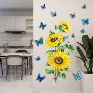 Close-up of 3D sunflower wall decals with blue butterflies in a modern kitchen setting
