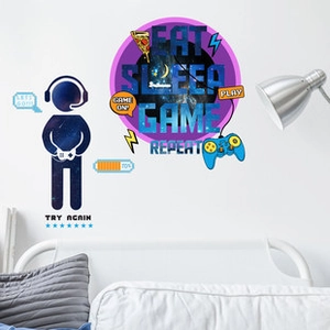 Vinilo decorativo gaming con lema 'EAT SLEEP GAME REPEAT' y diseño de mando estrellado