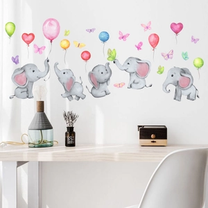 Watercolor cartoon elephant wall stickers with balloons and butterflies for nursery decor