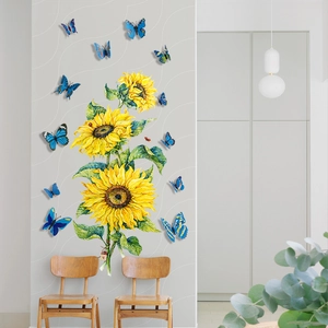 Detailed wall sticker featuring vibrant yellow sunflowers and bright blue butterflies on a wall