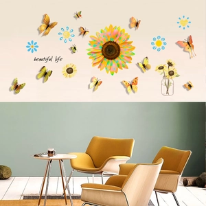 Detail of 3D sunflower wall stickers with colorful butterflies and beautiful life text