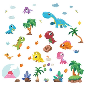 Cartoon dinosaur wall stickers set with T-Rex, volcanoes and colorful clouds for nursery