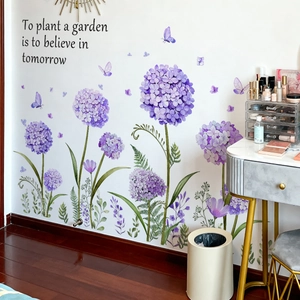 Adesivi murali con ortensie viola e farfalle con citazione per decorazione casa