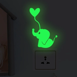 Glow-in-the-dark elephant wall sticker with heart balloon for bedroom light switches