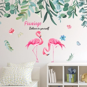 Adesivi murali con fenicottero rosa e foglie tropicali per decorazione camera nordica