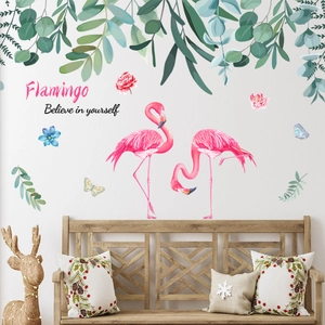 Adesivi Murali Fenicottero Piante Verdi PVC Impermeabile Decorazione Nordica Rosa Per Camera Da Letto Soggiorno