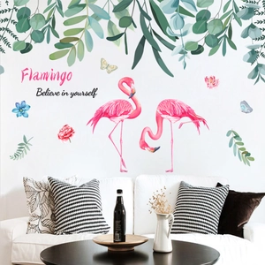 Adesivi murali con fenicotteri rosa e foglie di eucalipto per camera da letto nordica