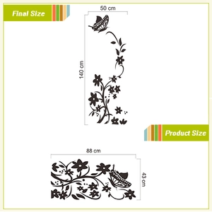 Black butterfly and floral vine wall sticker set in waterproof PVC 50x140cm size