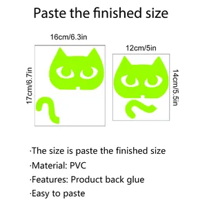 Size chart for glowing cat wall stickers in PVC material with large and small dimensions