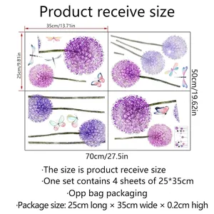 Guide des tailles détaillé pour stickers muraux pissenlit violet et papillons en PVC