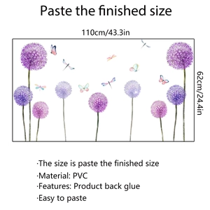 Spécifications de l'autocollant mural en PVC avec pissenlit violet et papillons colorés