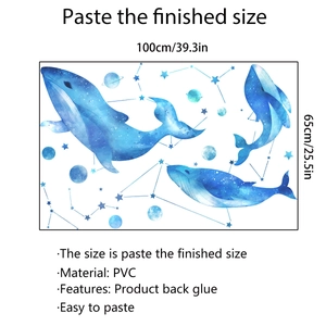 Detailed blue watercolor constellation whale wall decals with solar system planets