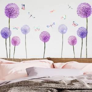 Stickers muraux pissenlit violet et papillons pour décoration de chambre à coucher