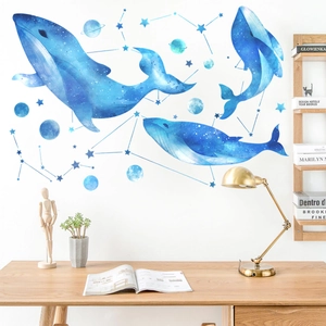 Whale and starry sky wall stickers set for kids room with constellation patterns