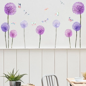 Stickers muraux pissenlit violet avec papillons colorés pour décoration de salon