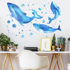 Blue watercolor whale and planet wall stickers for kids room celestial decor
