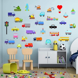 Adesivi murali con veicoli colorati e razzi per decorazione cameretta bambini e asilo
