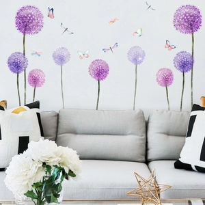 Stickers Muraux Pissenlit Violet et Papillon Coloré Peinture Murale d'Art DIY en PVC Amovible Pour Décoration de Salon et Chambre