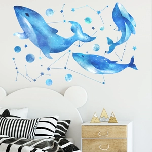 Watercolor Blue Whale Starry Sky Wall Stickers PVC Planet Constellation Decals For Kids Room Waterproof Removable