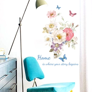 Floral peony wall decal with butterflies and English quote in a modern living room