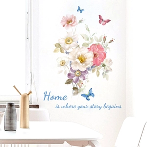 Peony flower and butterfly wall stickers with Home is where your story begins quote