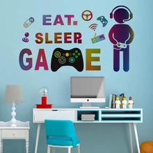 Gamer wall decal set with EAT SLEEP GAME typography and gaming controller icons