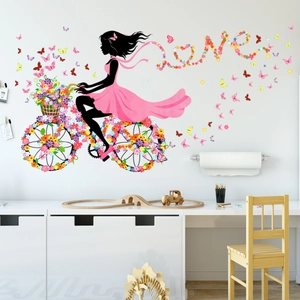 Fee Mädchen Fahrrad Wandaufkleber Rosa Blume Schmetterling Liebe Muster Abnehmbare PVC Wasserdicht Wandbild Für Deko