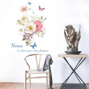 Peony floral wall decals with butterflies and home quote on white living room wall